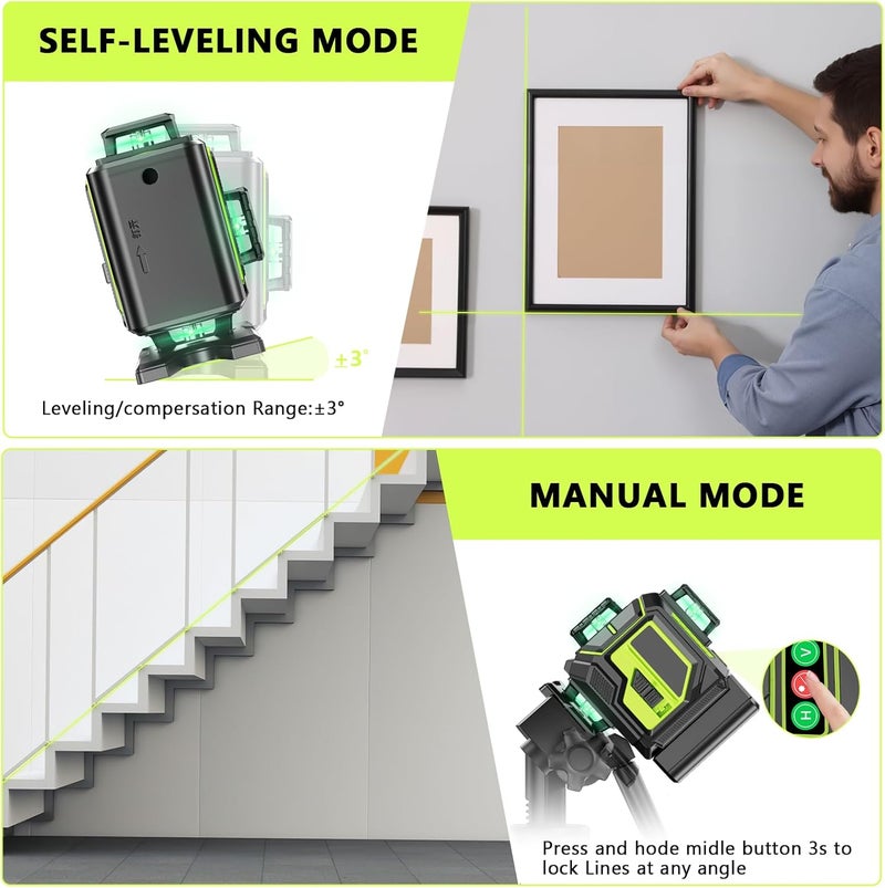 MBYULO 16 Line Laser Level 360 Self Leveling, 4x360°Professional 4D Green Cross Line laser Level with 2 Batteries, Adjustable Brightness & Remote Control, for Tiling Floor Construction and Picture Hanging - Image 2